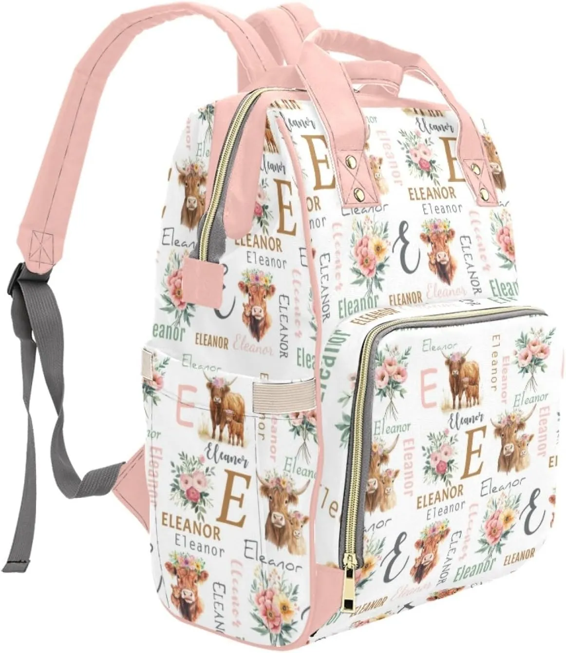 Personalized Highland Cattle Diaper Bag for Girls, Custom Mommy Daypack with Name, Customized Cute Cow Diaper Backpack for Women, Travel Backpack for Mom Mommy, Gifts for New Mom Mother