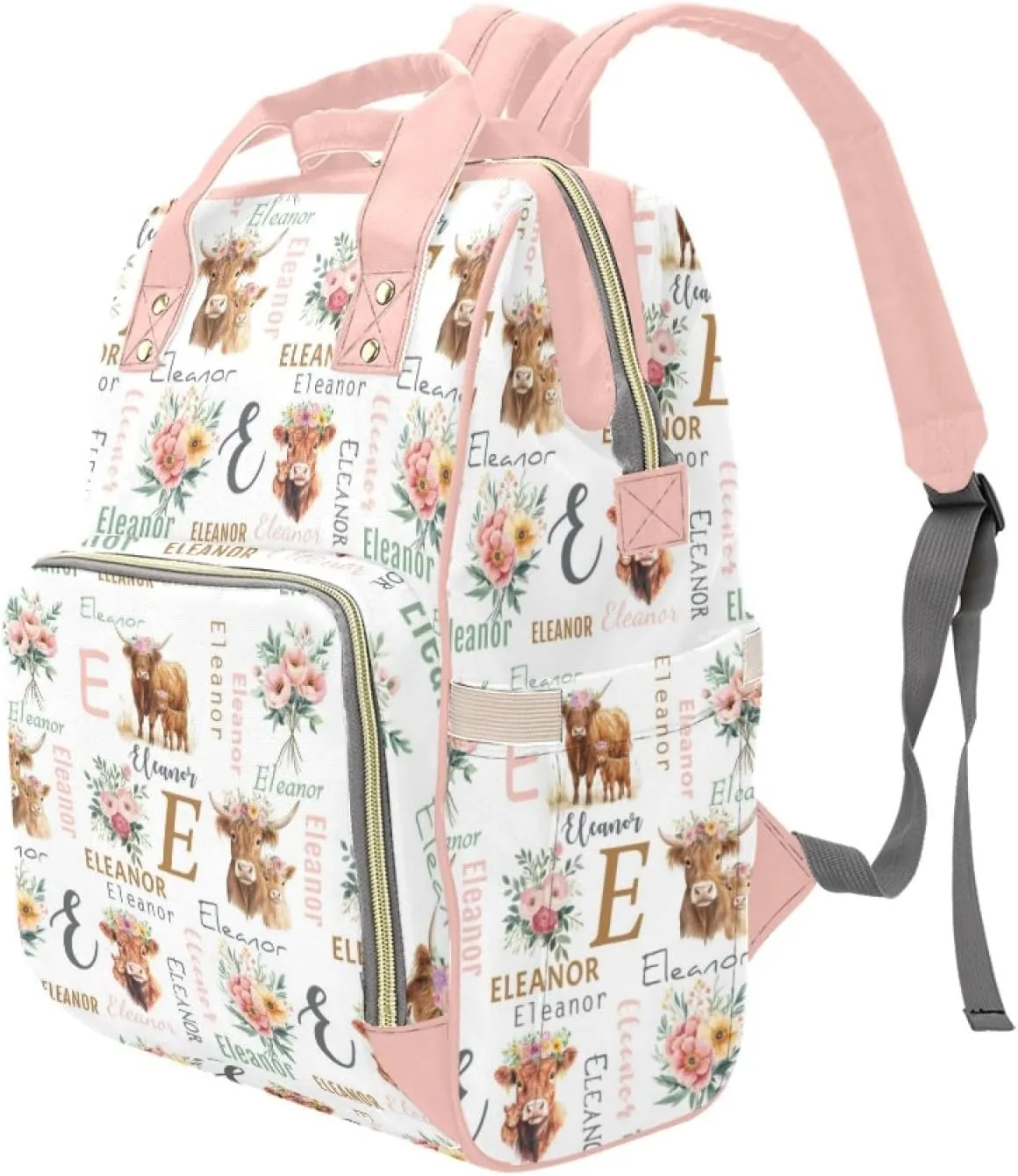 Personalized Highland Cattle Diaper Bag for Girls, Custom Mommy Daypack with Name, Customized Cute Cow Diaper Backpack for Women, Travel Backpack for Mom Mommy, Gifts for New Mom Mother