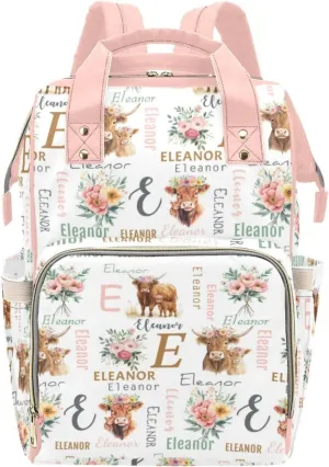 Personalized Highland Cattle Diaper Bag for Girls, Custom Mommy Daypack with Name, Customized Cute Cow Diaper Backpack for Women, Travel Backpack for Mom Mommy, Gifts for New Mom Mother
