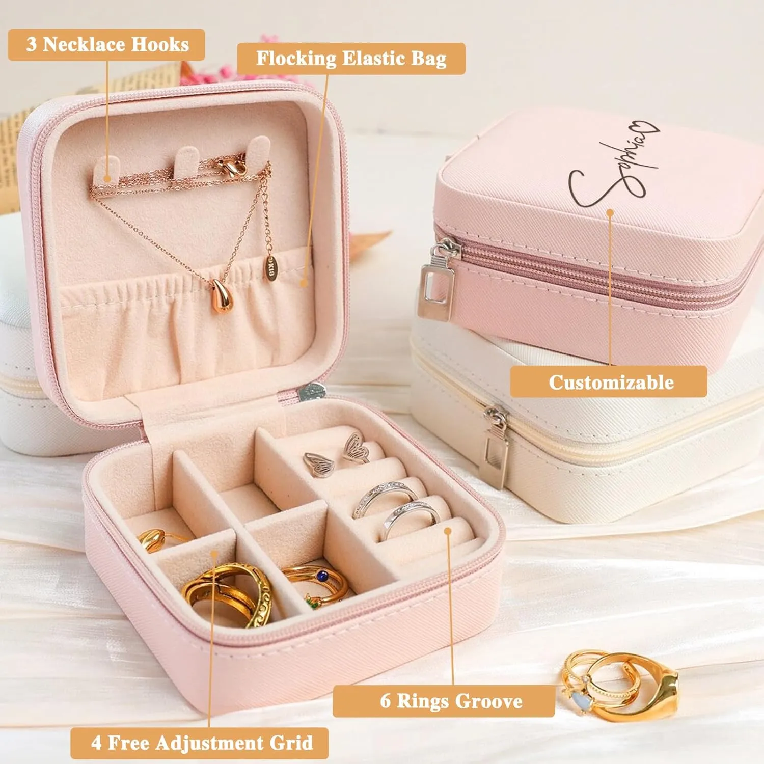 Personalized Jewelry Box for Women, Custom Travel Jewelry Case with Name and Birth Flower, Leather Jewelry Box for Rings, Earrings, Necklaces, Personalized Gifts for Women