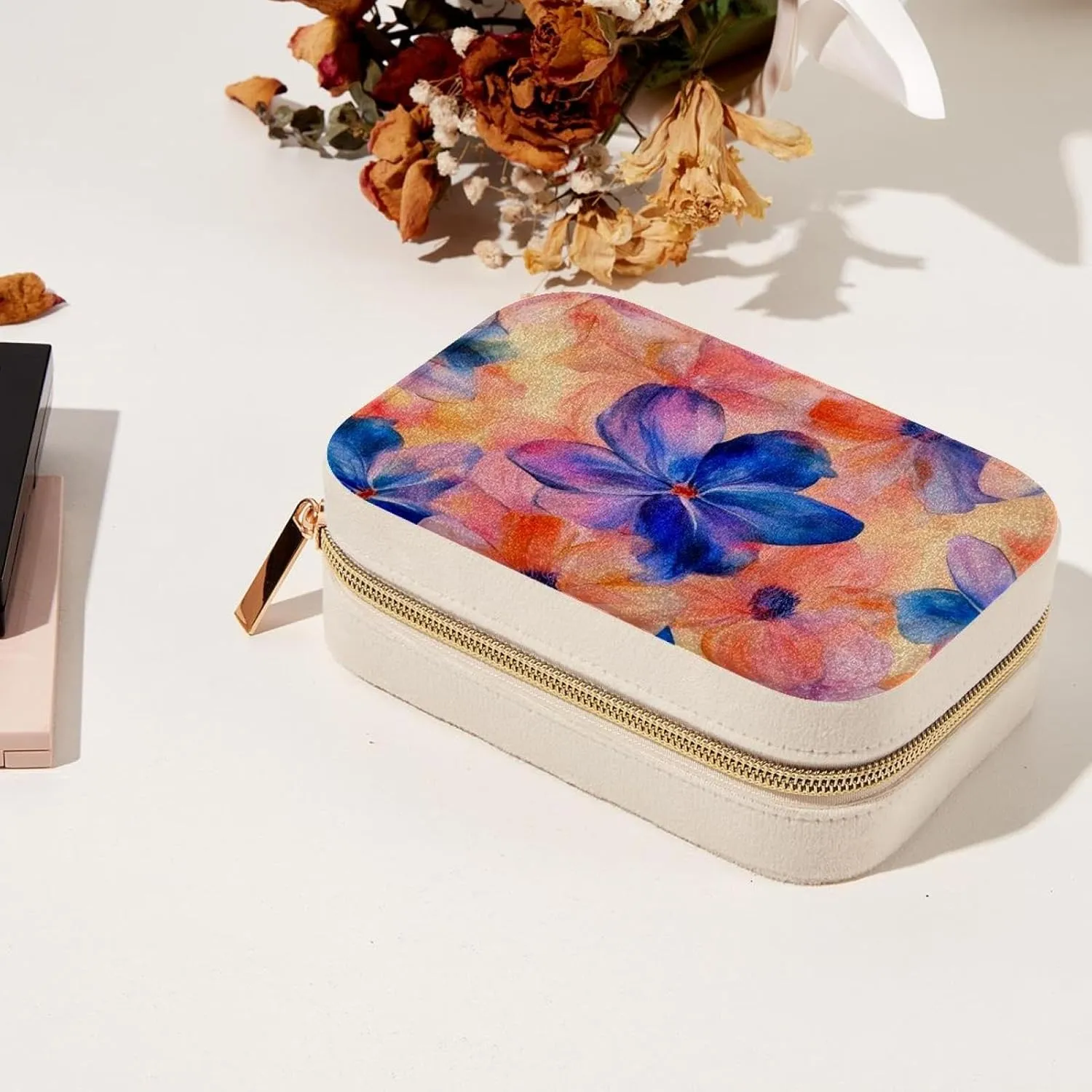 Pink Blue and Orange Flowers Pattern Travel Jewelry Box, Portable Travel Display Case Storage Holder Boxes for Stud Earrings, Rings, Necklaces, Bracelets
