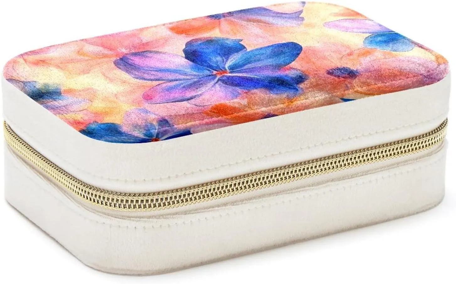 Pink Blue and Orange Flowers Pattern Travel Jewelry Box, Portable Travel Display Case Storage Holder Boxes for Stud Earrings, Rings, Necklaces, Bracelets
