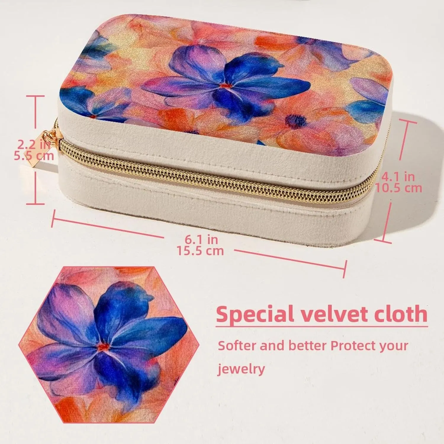 Pink Blue and Orange Flowers Pattern Travel Jewelry Box, Portable Travel Display Case Storage Holder Boxes for Stud Earrings, Rings, Necklaces, Bracelets