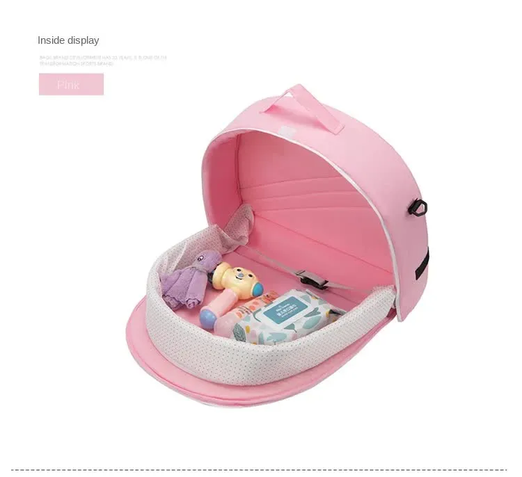 Pink Portable Multi-Purpose Baby Bed and Diaper Backpack - Lightweight, Waterproof, Canvas   Polyester Material, Travel Essential for Moms(With mosquito net and small toys)