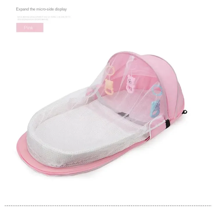 Pink Portable Multi-Purpose Baby Bed and Diaper Backpack - Lightweight, Waterproof, Canvas   Polyester Material, Travel Essential for Moms(With mosquito net and small toys)