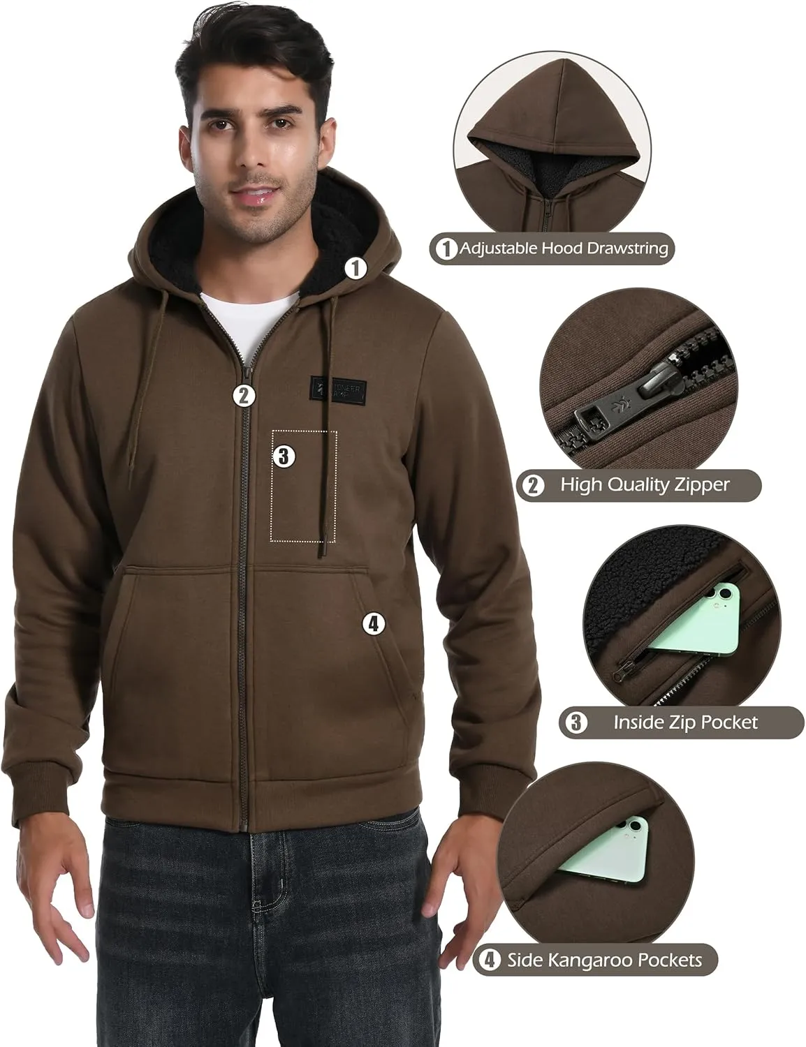 Pioneer Camp Men's Sherpa Lined Hoodie Full Zip Up Heavyweight Hooded Jacket Sweatshirt Fleece Fall Winter Coat with Pocket