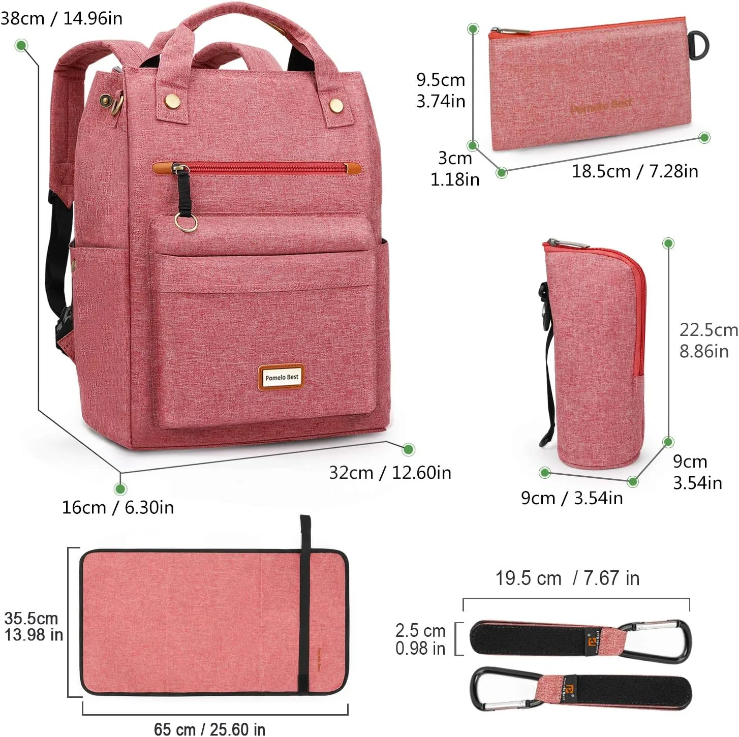 Pomelo Best Baby Diaper Bag Backpack, Large Capacity Multifunction Travel Pack with Waterproof Changing Pad, stroller hook with velcro, insulated bottle holder, utensil pocket, Red