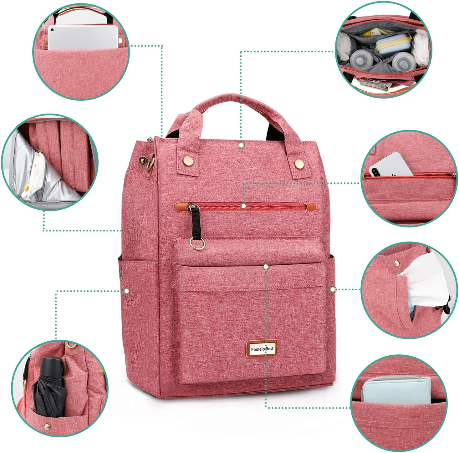 Pomelo Best Baby Diaper Bag Backpack, Large Capacity Multifunction Travel Pack with Waterproof Changing Pad, stroller hook with velcro, insulated bottle holder, utensil pocket, Red
