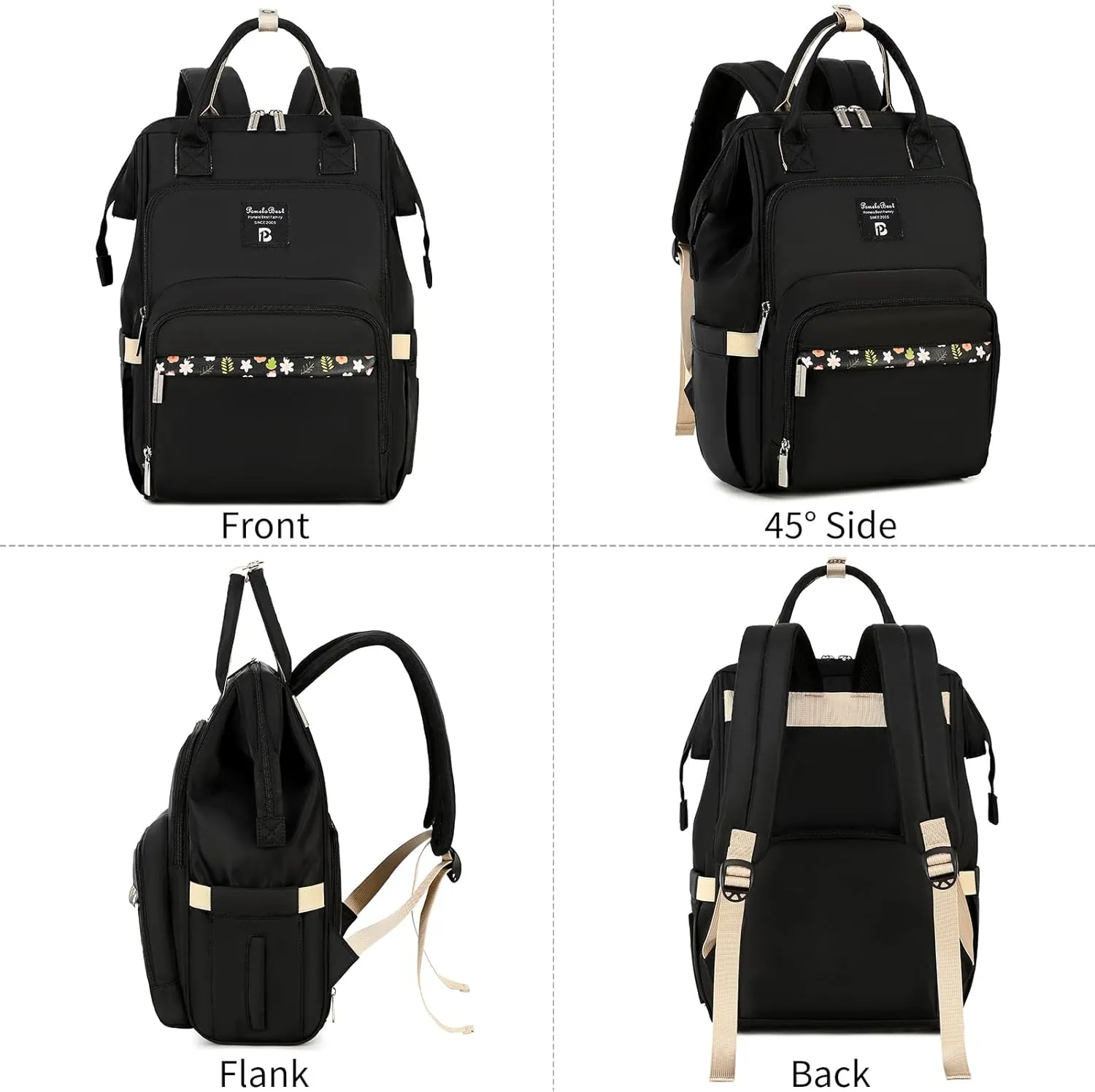Pomelo Best Diaper Bag Backpack Stylish Waterproof Multifunctional Large Baby Bag with Changing Mat and Stroller Straps (Black)