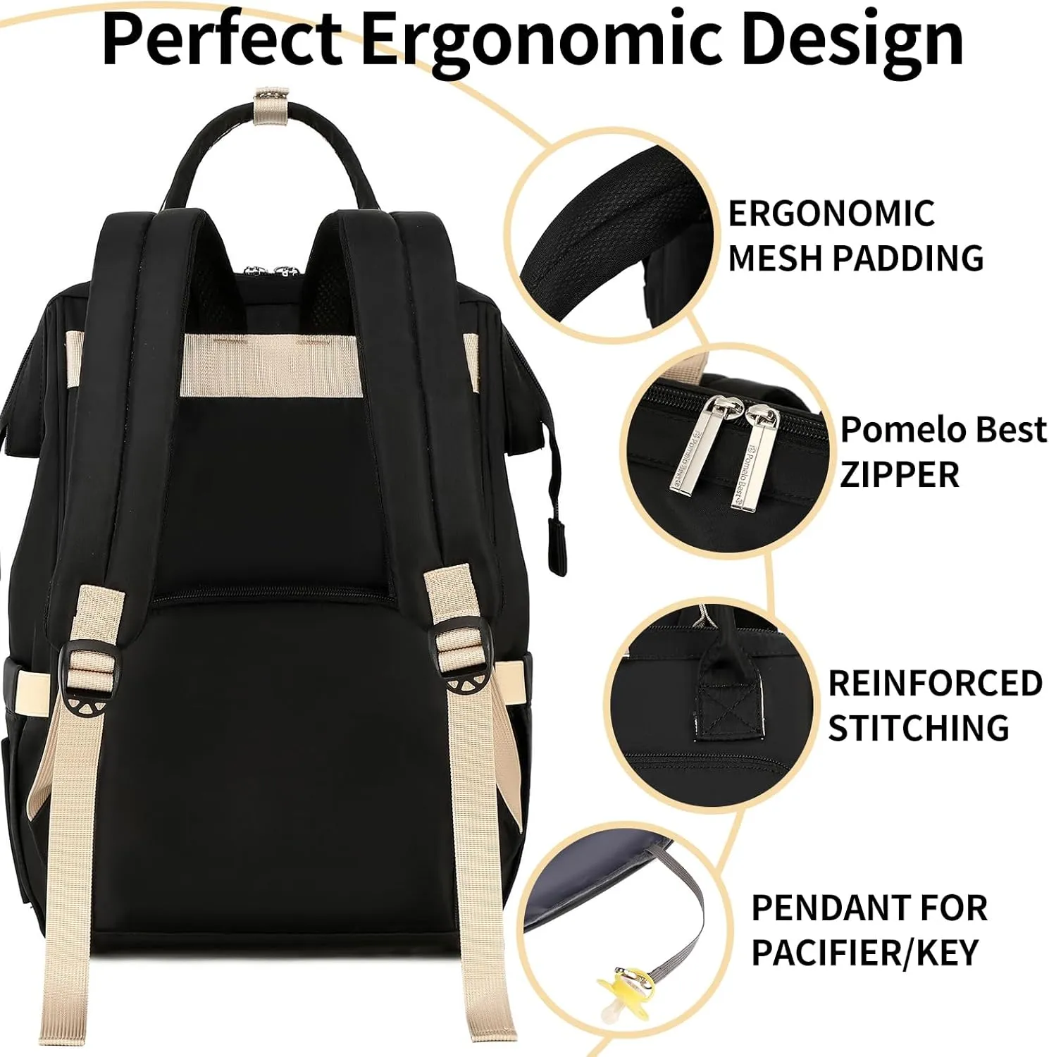 Pomelo Best Diaper Bag Backpack Stylish Waterproof Multifunctional Large Baby Bag with Changing Mat and Stroller Straps (Black)