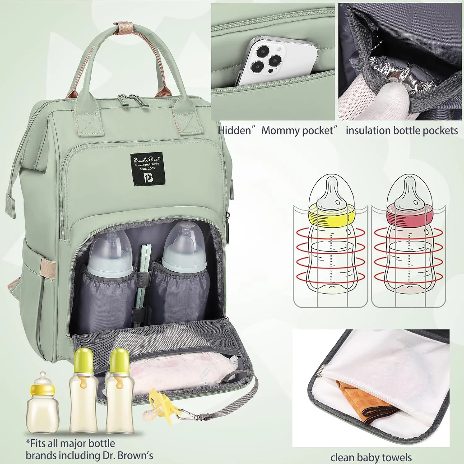Pomelo Best Diaper Bag Backpack Stylish Waterproof Multifunctional Large Baby Bag with Changing Mat and Stroller Straps (Green)