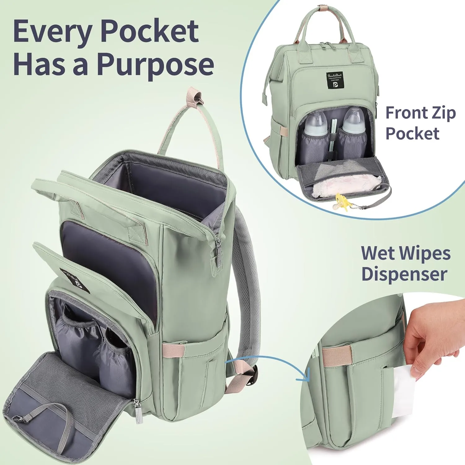 Pomelo Best Diaper Bag Backpack Stylish Waterproof Multifunctional Large Baby Bag with Changing Mat and Stroller Straps (Green)