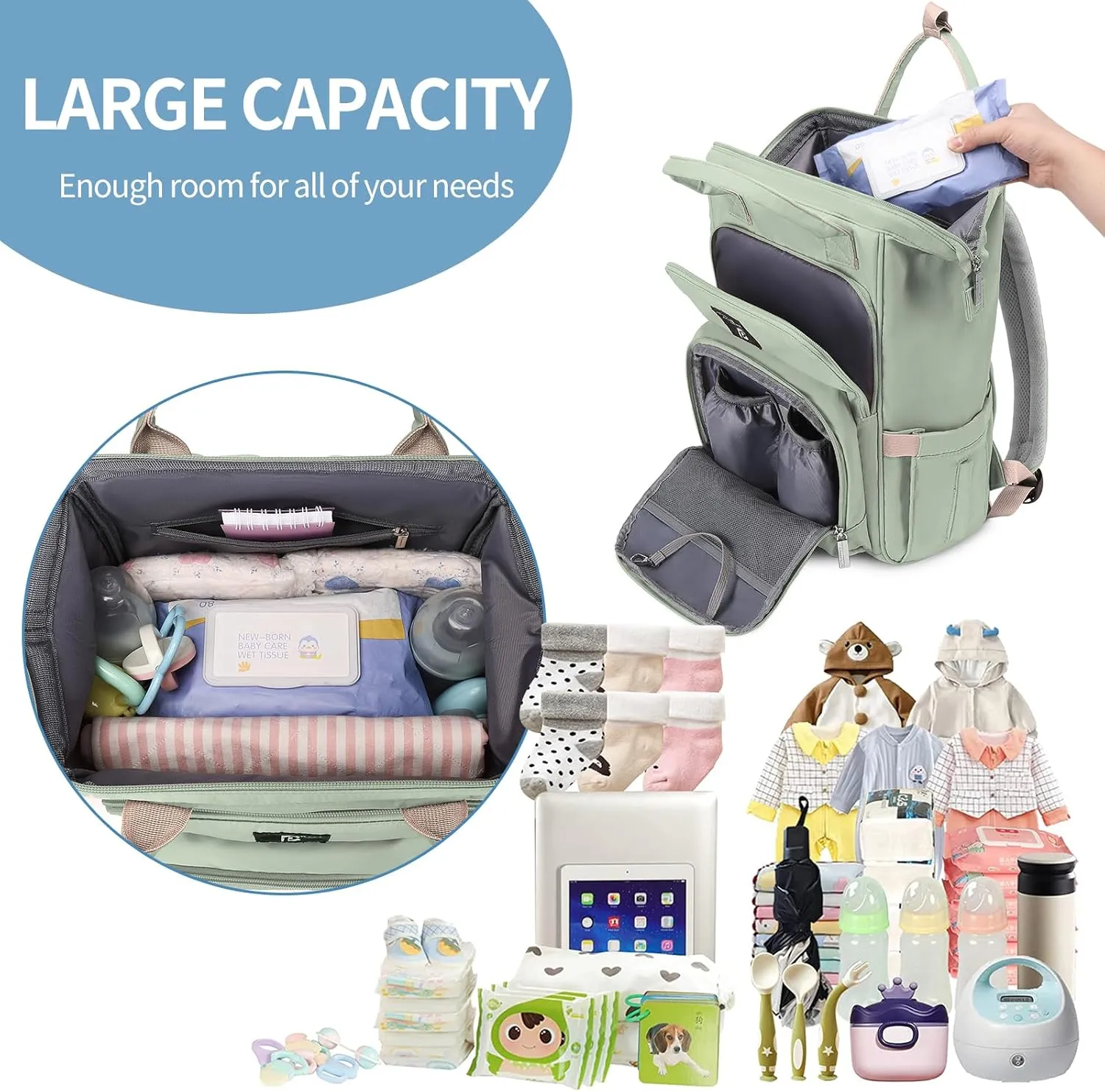 Pomelo Best Diaper Bag Backpack Stylish Waterproof Multifunctional Large Baby Bag with Changing Mat and Stroller Straps (Green)