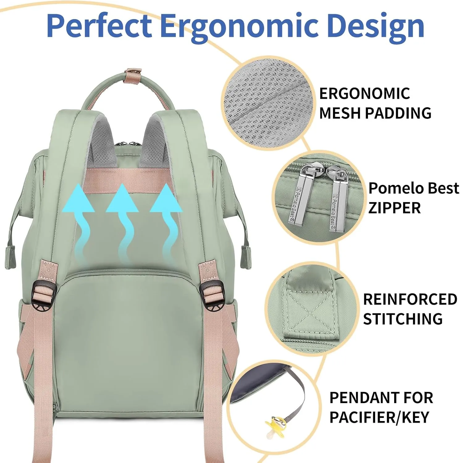 Pomelo Best Diaper Bag Backpack Stylish Waterproof Multifunctional Large Baby Bag with Changing Mat and Stroller Straps (Green)