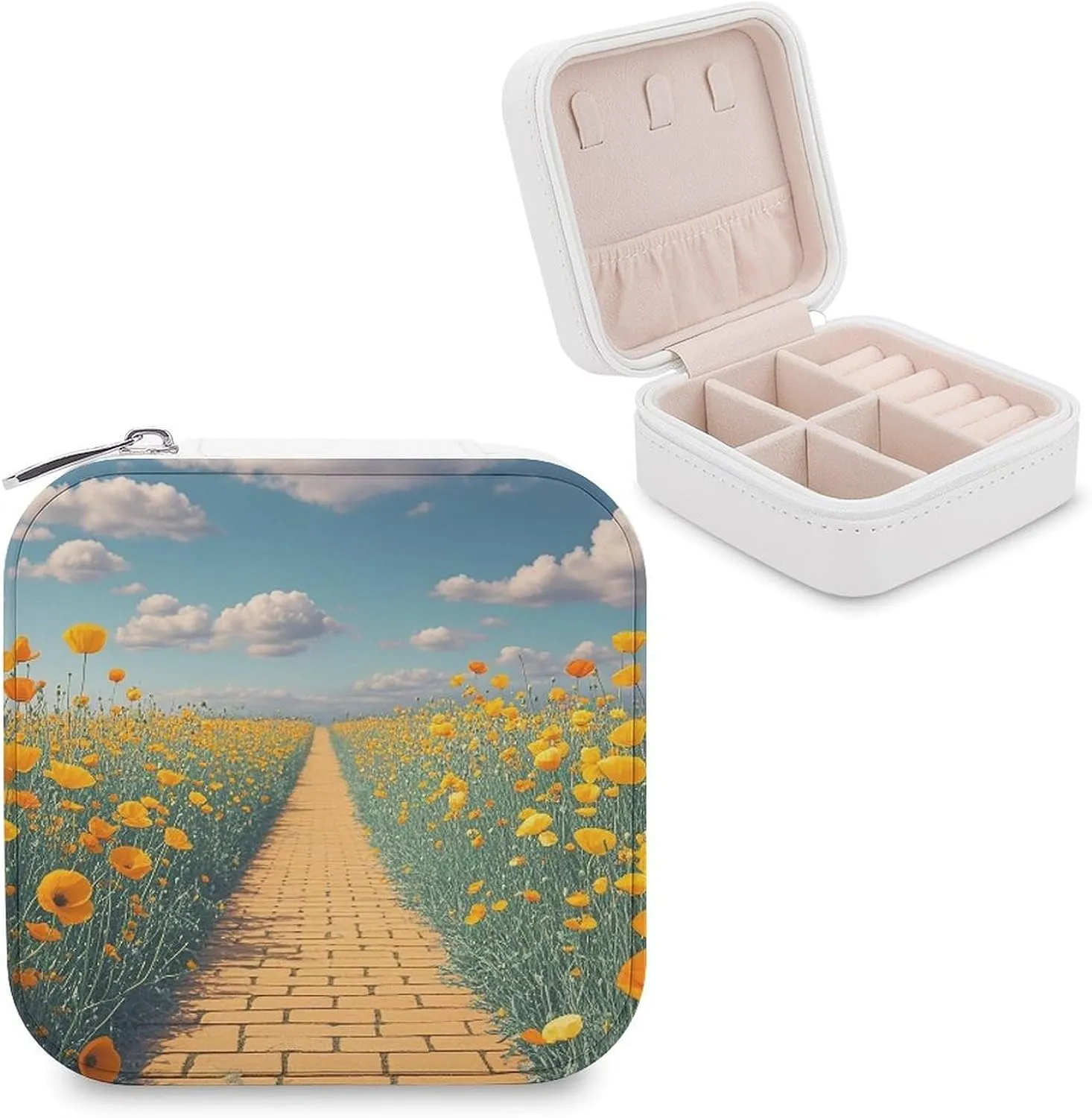 Poppies Field Yellow Brick Road Jewelry Box Travel Jewelry Organizer Multi-functional Mini Travel Case Holder for Women Stud Earrings Rings Necklaces Pendant Bracelets Storage