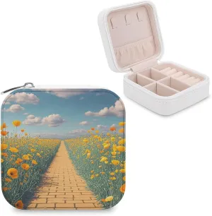 Poppies Field Yellow Brick Road Jewelry Box Travel Jewelry Organizer Multi-functional Mini Travel Case Holder for Women Stud Earrings Rings Necklaces Pendant Bracelets Storage