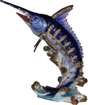 Portman Blue Marlin Fish Enamel and Crystals Figurine Box with Necklace