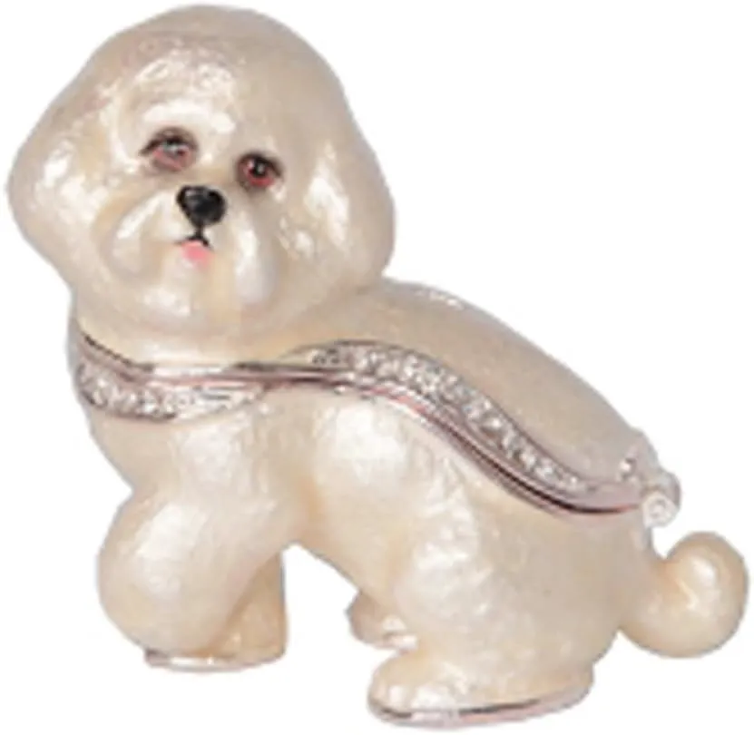 Portman Enamel Bichon Frise Dog with Pink Crystal Figurine Box with Necklace