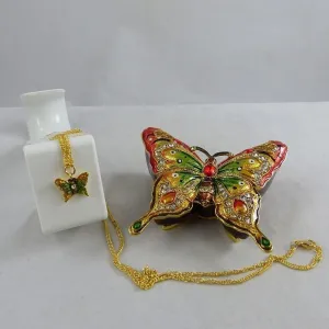 Portman Green and Red Butterfly Enamel and Crystals Figurine Box with Necklace