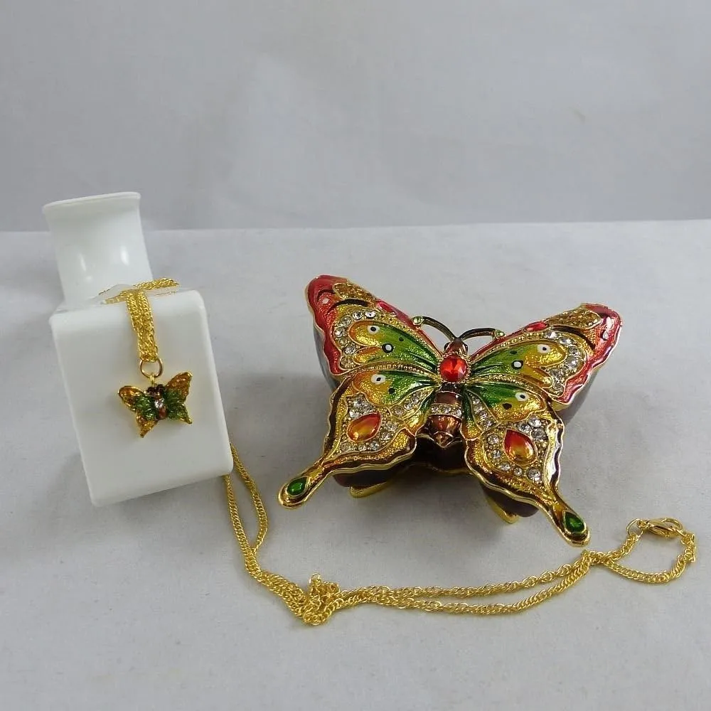Portman Green and Red Butterfly Enamel and Crystals Figurine Box with Necklace