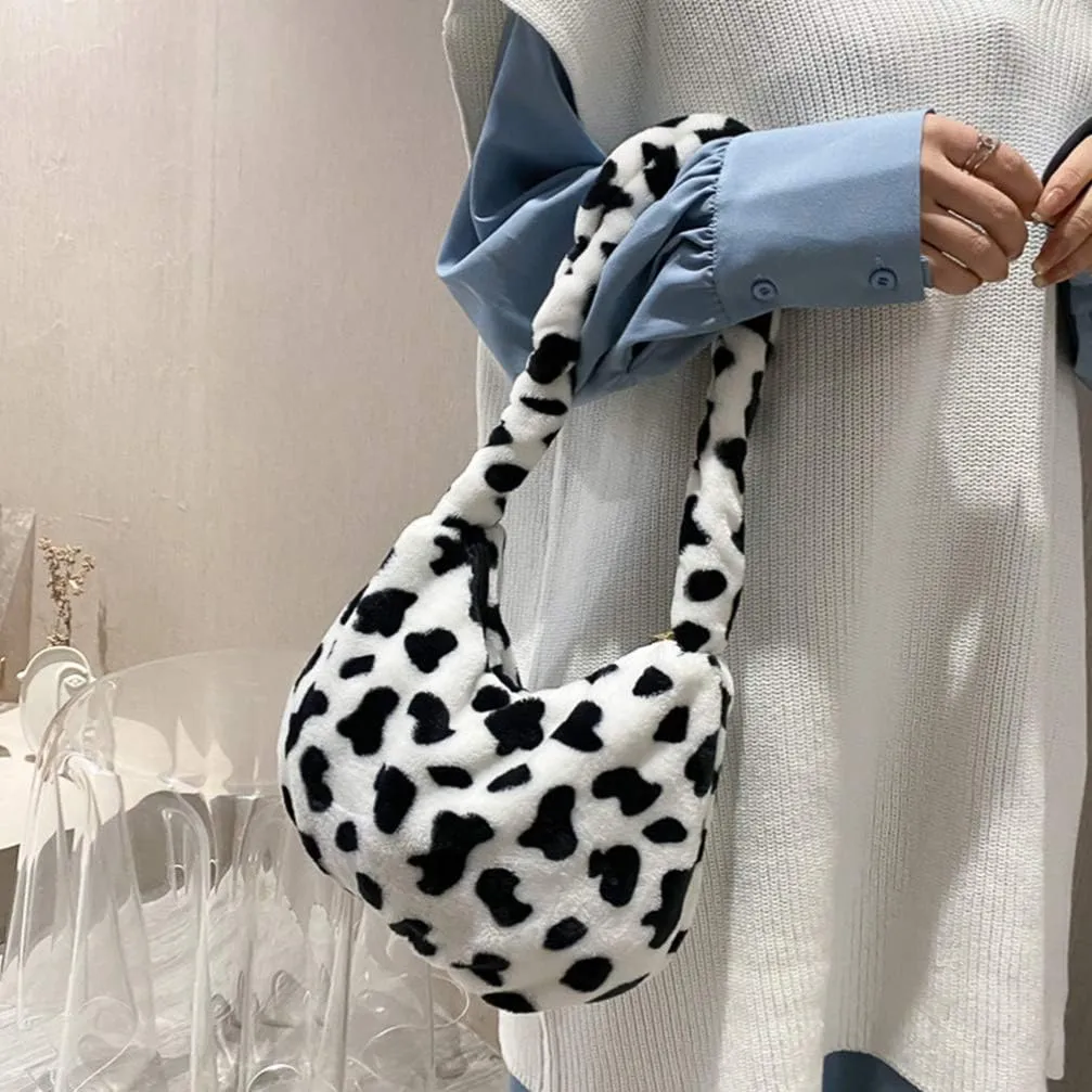 PRETYZOOM Plush Shoulder Bag Cow Print Handbag Women Plush Tote Bag Autumn Winter Soft Casual Fluffy Female Handbag Style 1