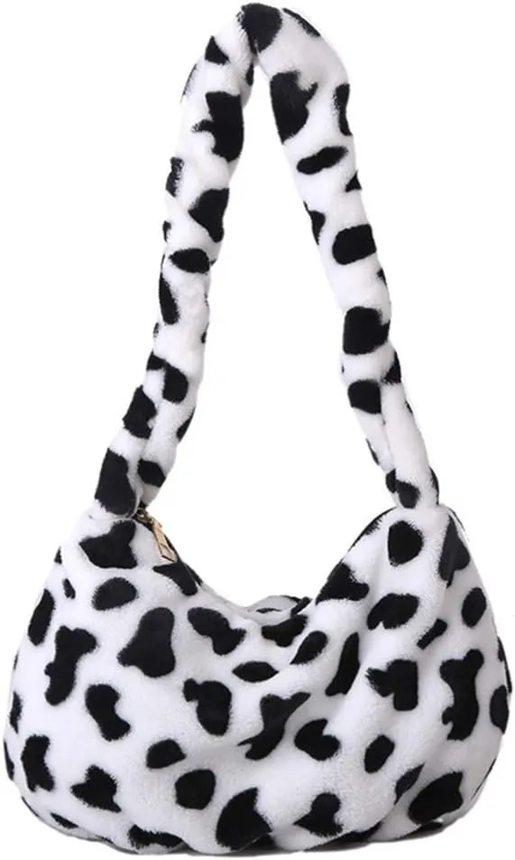 PRETYZOOM Plush Shoulder Bag Cow Print Handbag Women Plush Tote Bag Autumn Winter Soft Casual Fluffy Female Handbag Style 1