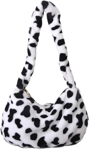 PRETYZOOM Plush Shoulder Bag Cow Print Handbag Women Plush Tote Bag Autumn Winter Soft Casual Fluffy Female Handbag Style 1
