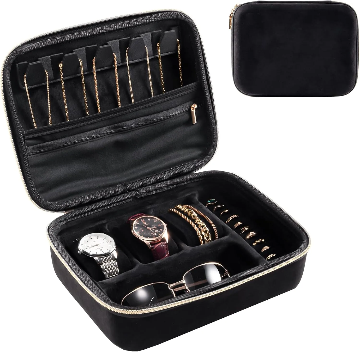ProCase Mens Travel Jewelry Case, 3 Slots Watch Travel Case, Watch Accessories Carrying Case, Glasses Necklaces Rings Bracelets Zippered Organizer Bag for Men, Father's Day Gift -Black
