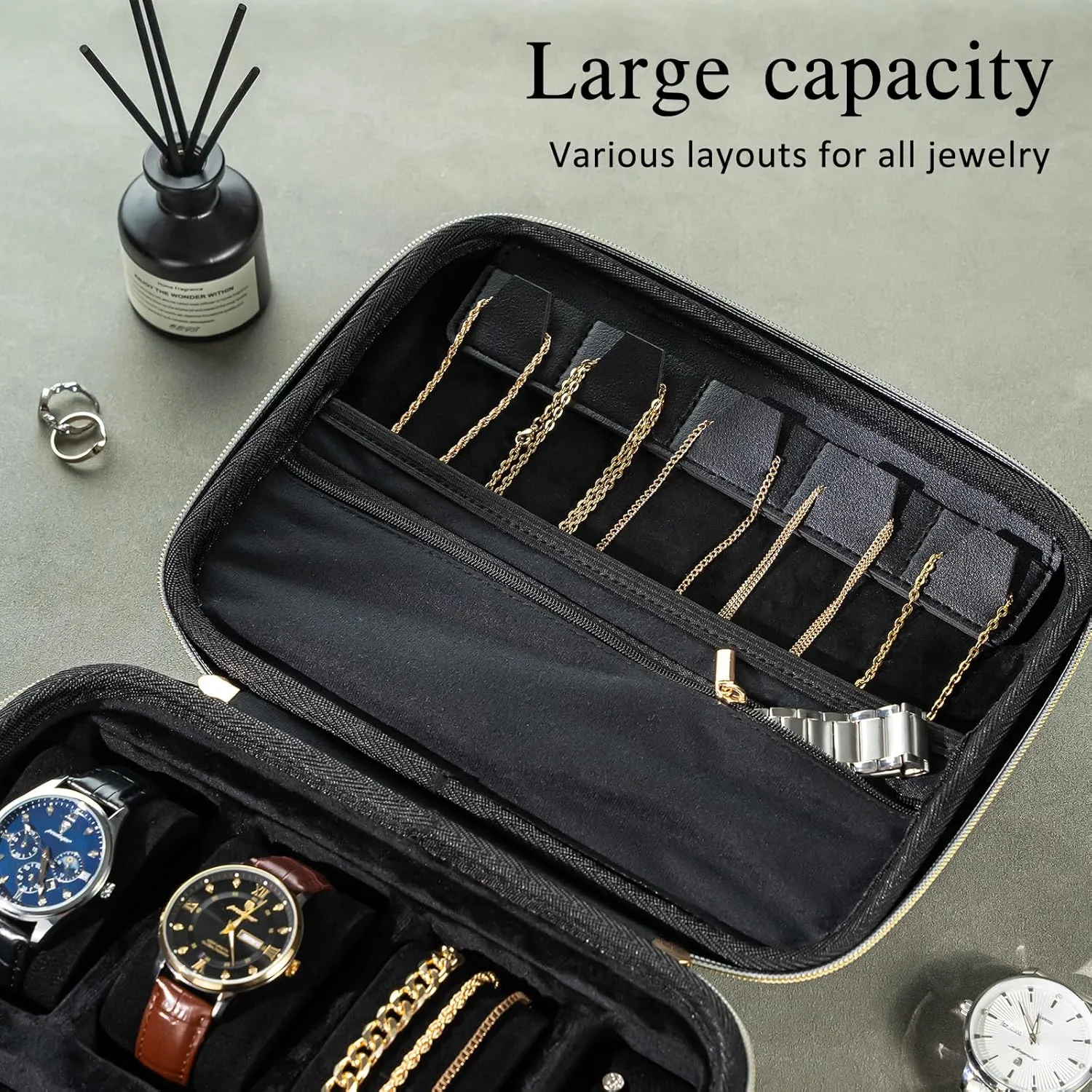 ProCase Mens Travel Jewelry Case, 3 Slots Watch Travel Case, Watch Accessories Carrying Case, Glasses Necklaces Rings Bracelets Zippered Organizer Bag for Men, Father's Day Gift -Black