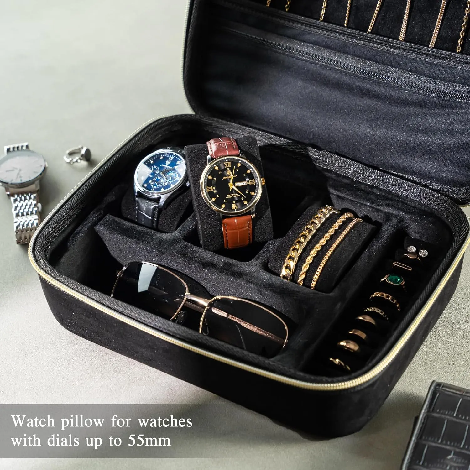 ProCase Mens Travel Jewelry Case, 3 Slots Watch Travel Case, Watch Accessories Carrying Case, Glasses Necklaces Rings Bracelets Zippered Organizer Bag for Men, Father's Day Gift -Black