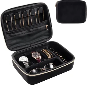 ProCase Mens Travel Jewelry Case, 3 Slots Watch Travel Case, Watch Accessories Carrying Case, Glasses Necklaces Rings Bracelets Zippered Organizer Bag for Men, Father's Day Gift -Black