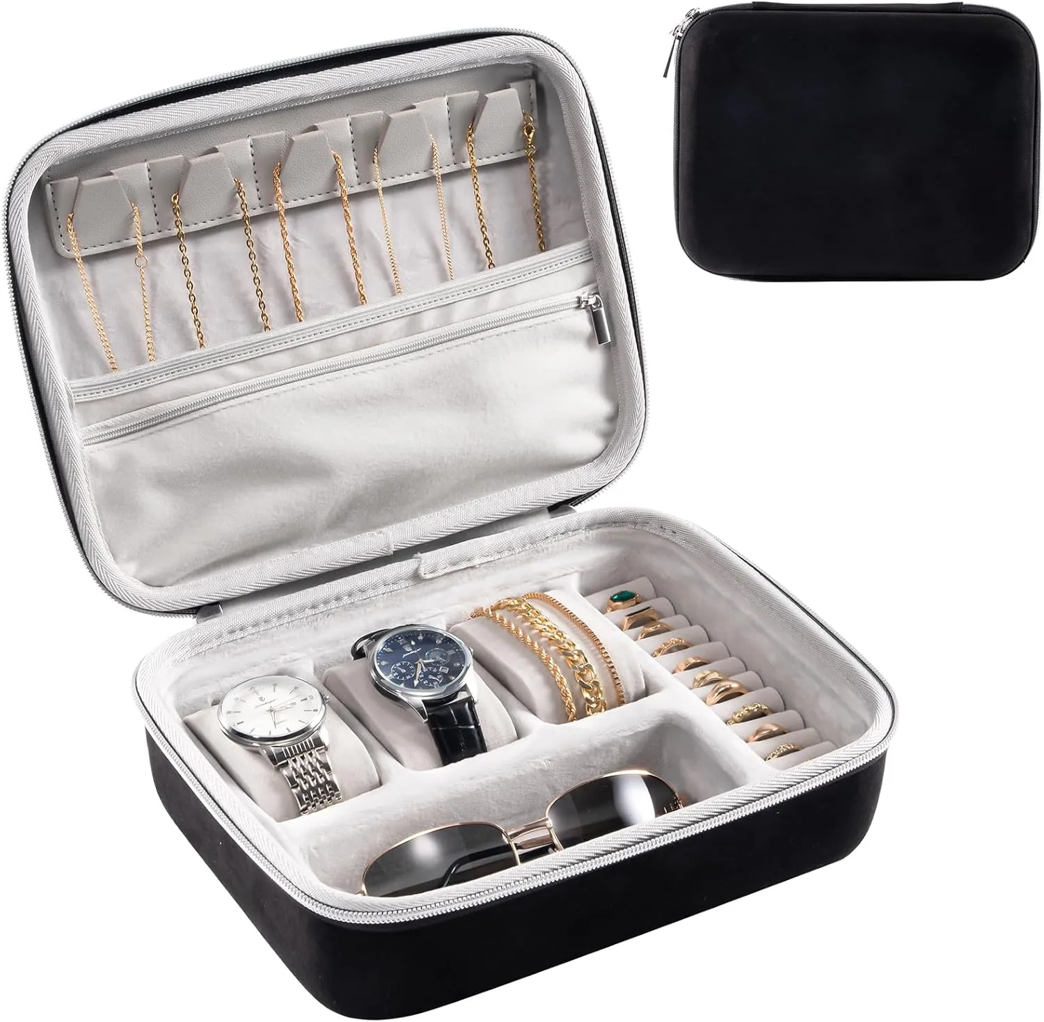 ProCase Mens Travel Jewelry Case, 3 Slots Watch Travel Case, Watch Accessories Carrying Case, Glasses Necklaces Rings Bracelets Zippered Organizer Bag for Men, Father's Day Gift -Blackgrey