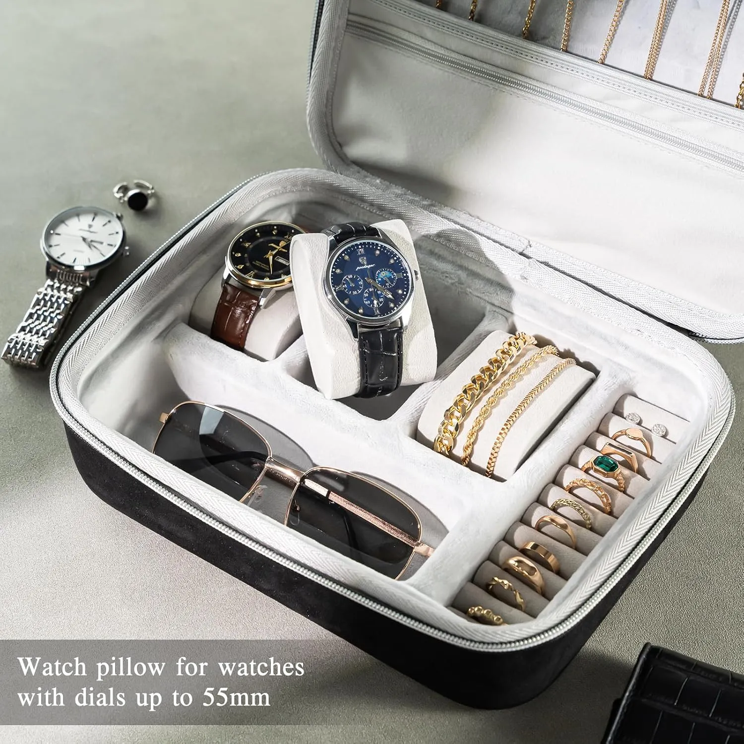 ProCase Mens Travel Jewelry Case, 3 Slots Watch Travel Case, Watch Accessories Carrying Case, Glasses Necklaces Rings Bracelets Zippered Organizer Bag for Men, Father's Day Gift -Blackgrey