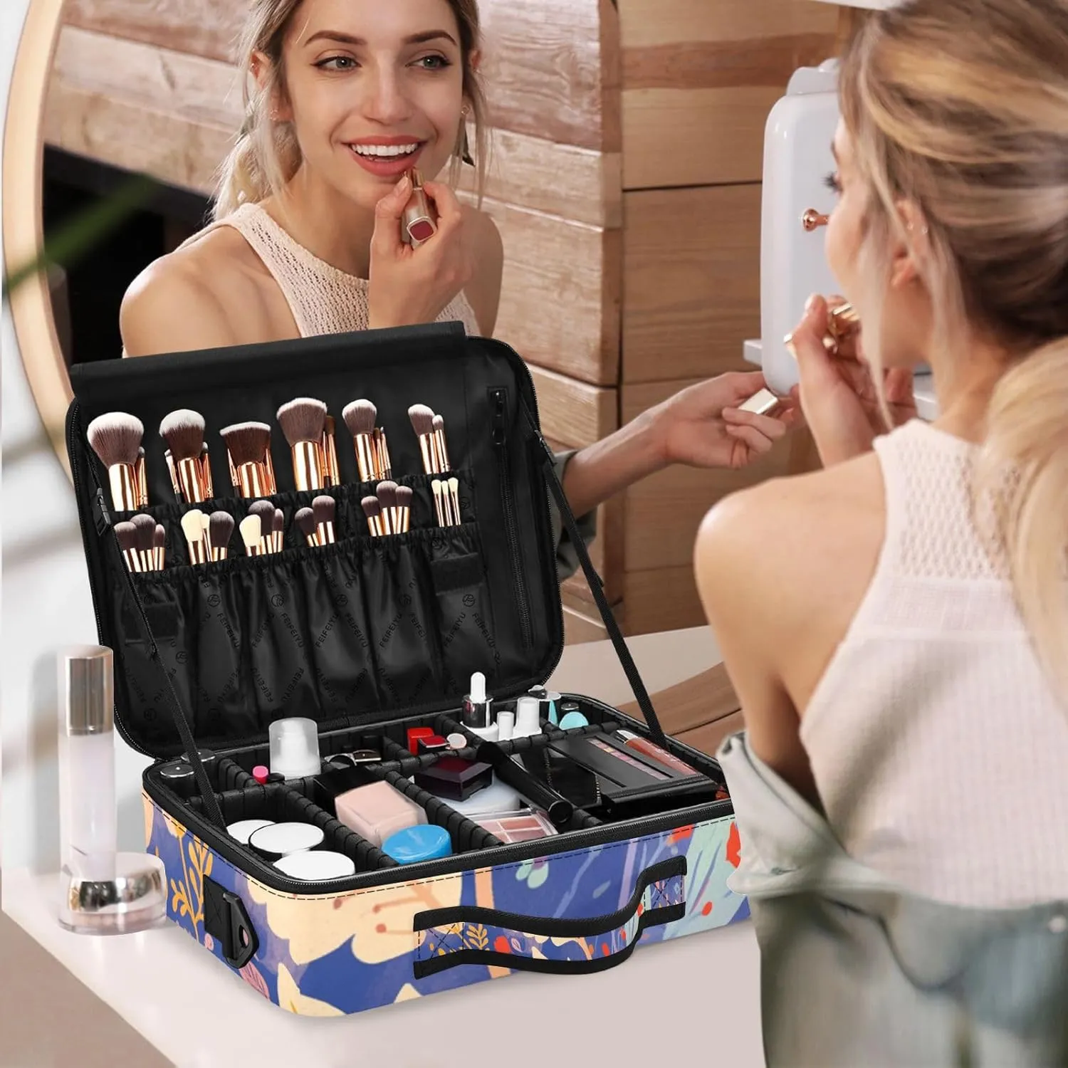 Professional Makeup Bag Organizer 14.6" Travel Cosmetic Case with 10 Adjustable Dividers