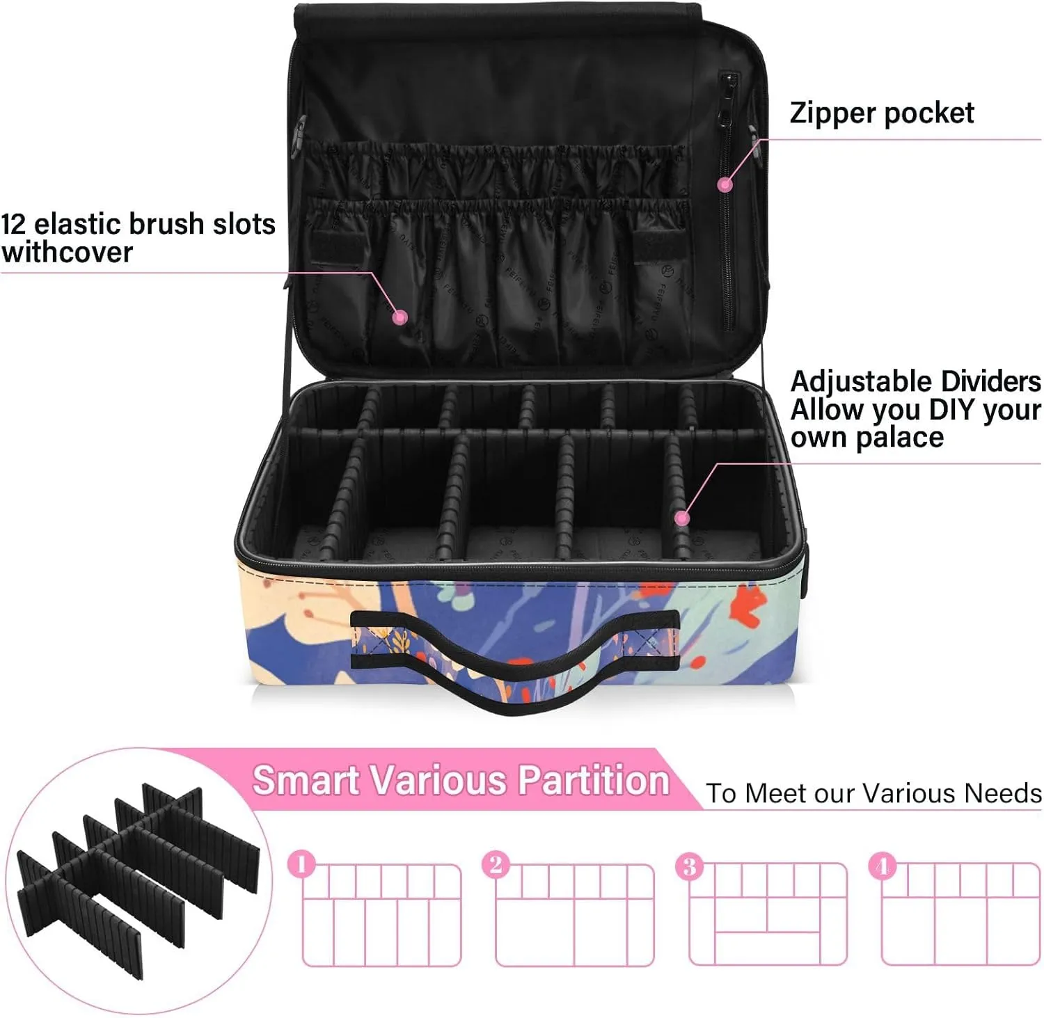 Professional Makeup Bag Organizer 14.6" Travel Cosmetic Case with 10 Adjustable Dividers