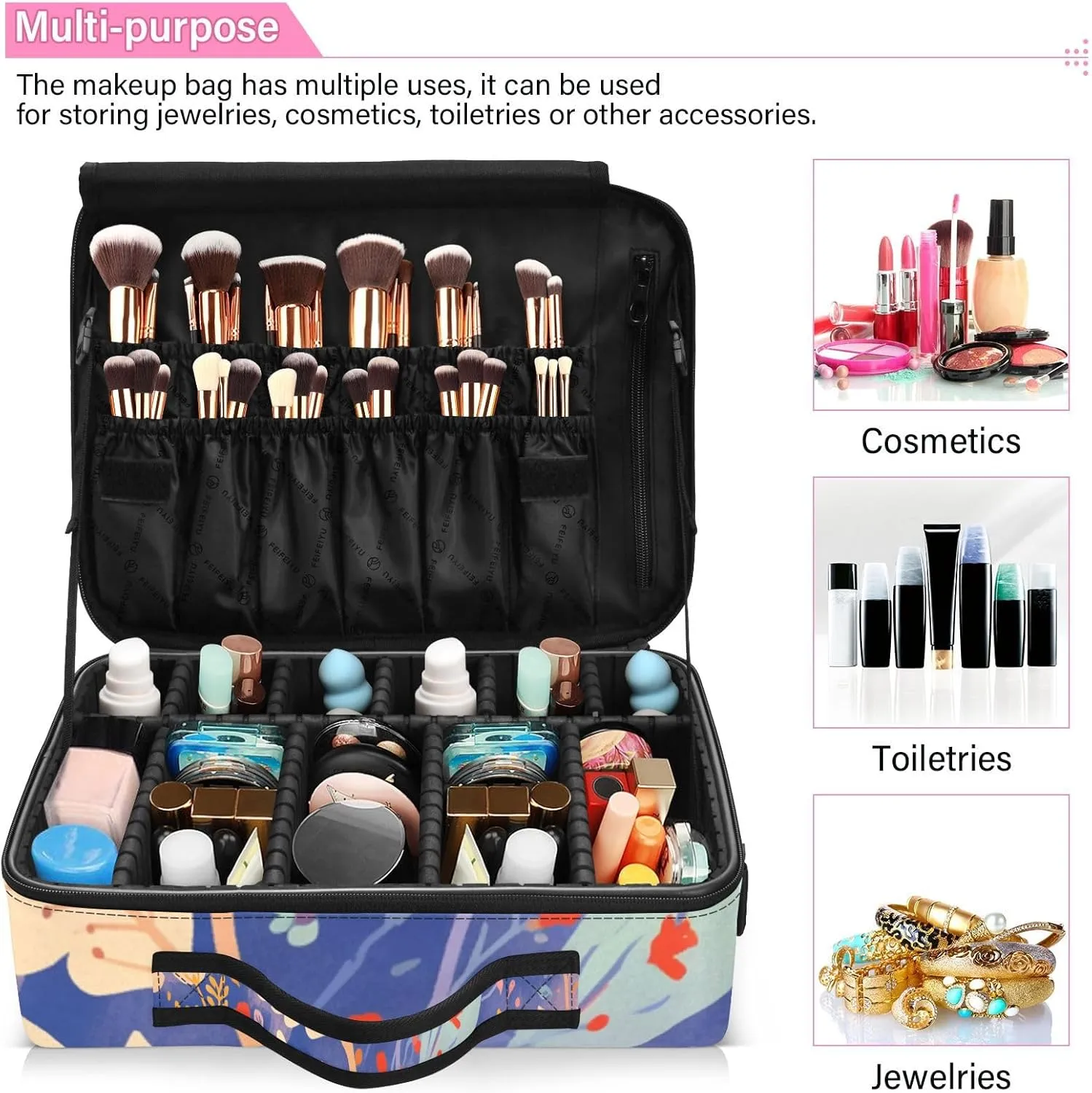 Professional Makeup Bag Organizer 14.6" Travel Cosmetic Case with 10 Adjustable Dividers