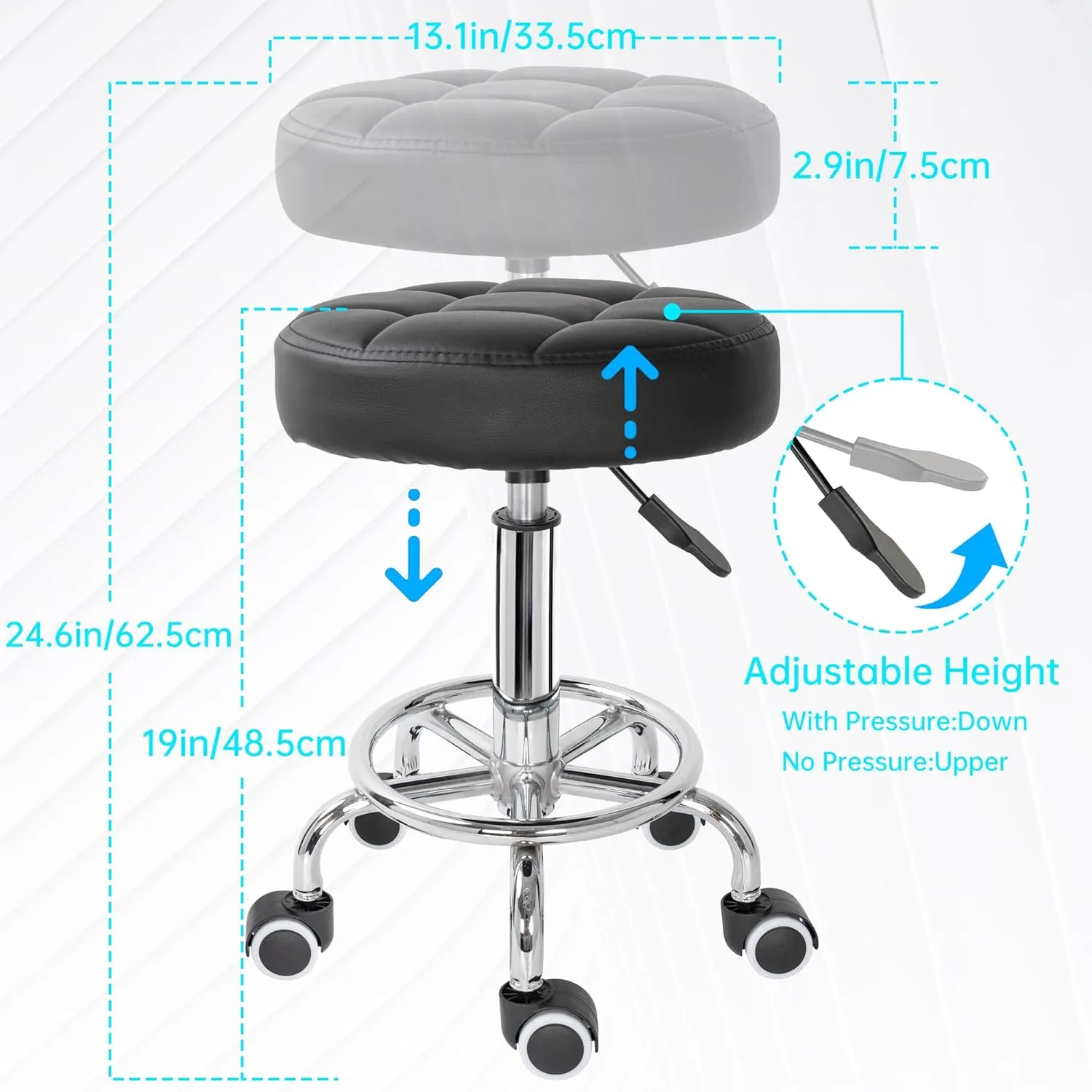 PU Leather Rolling Stool Height Adjustable Round Swivel Stools for Spa Salon Massage Work Chair with Foot Rest Black