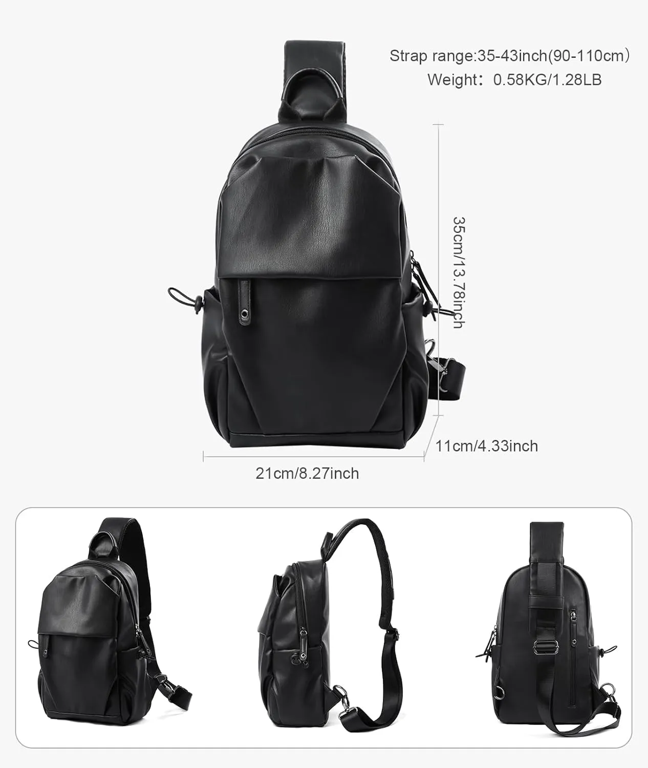 PU Leather Sling Bag for Men Crossbody Side Bag Man Backpack Black Small for Hiking Travel