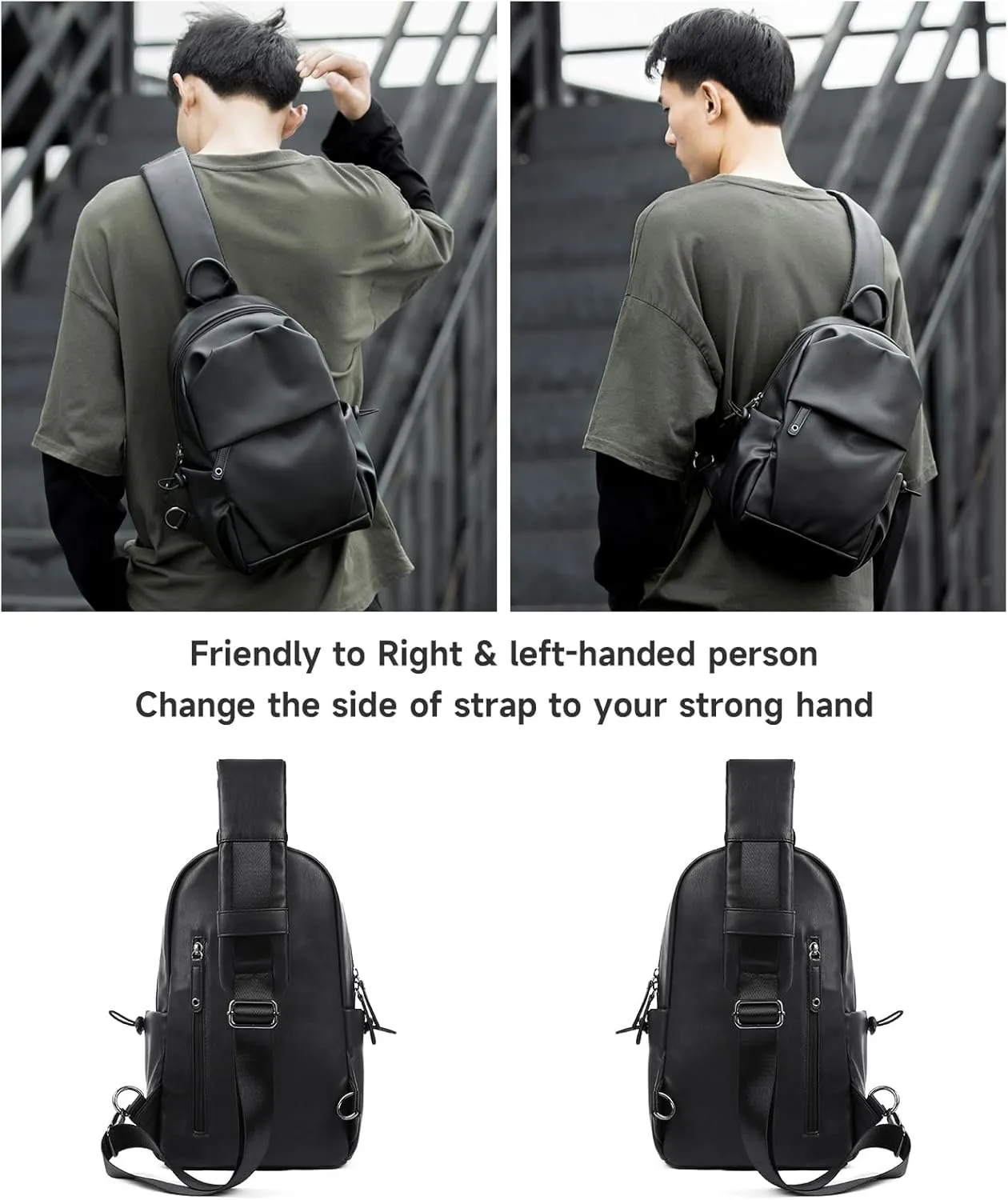 PU Leather Sling Bag for Men Crossbody Side Bag Man Backpack Black Small for Hiking Travel