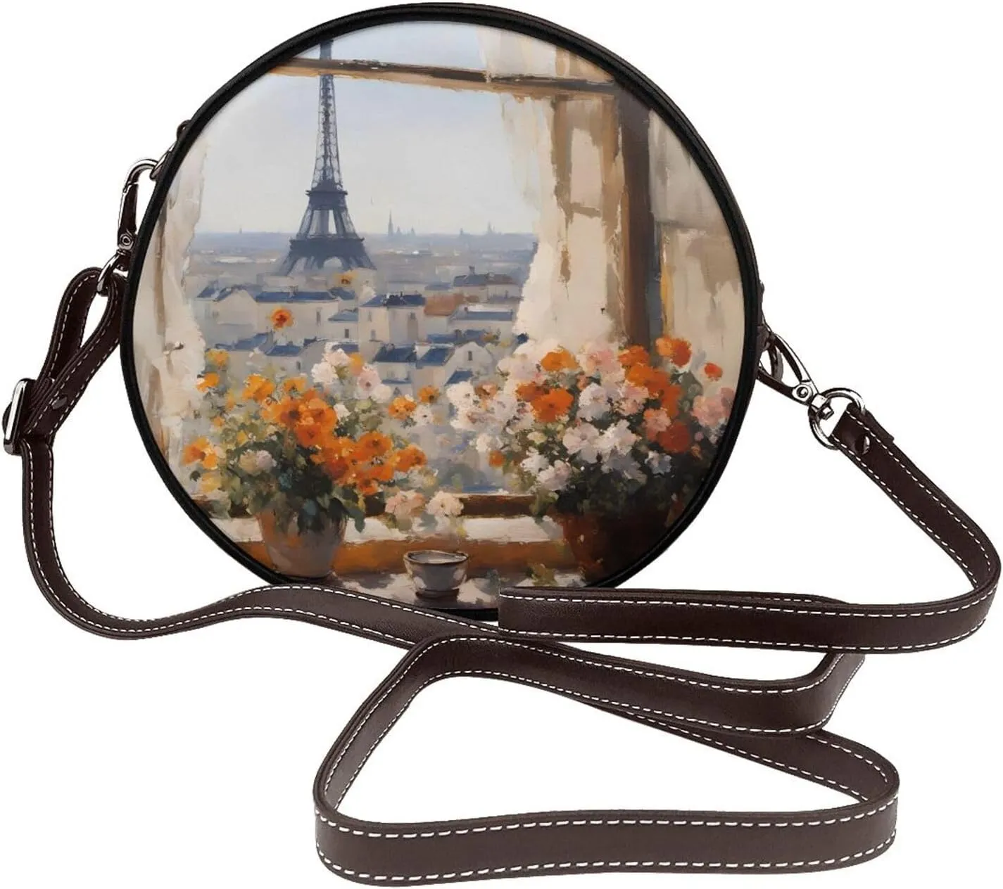 Pylons In The Distance Removable Shoulder Strap Waterproof Leather Shoulder Round Bag Crossbody Bag Travel Shopping Dating Handbag Purse