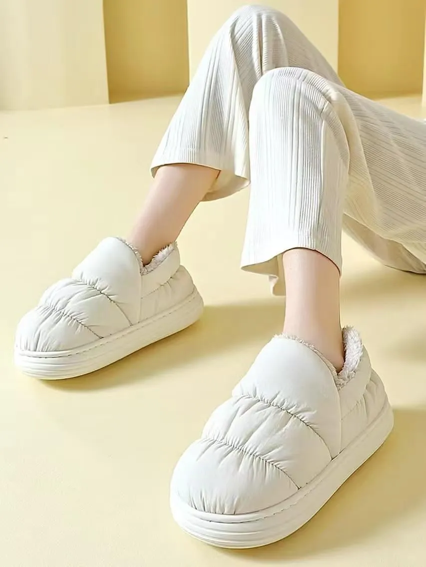 Quilted Puffer House Slippers with Full Foot Coverage Ultra-Soft Cotton Padding Fleece Lining Non-Slip Sole, All-Day Indoor Outdoor Comfort Warmth Shoes for Women Men