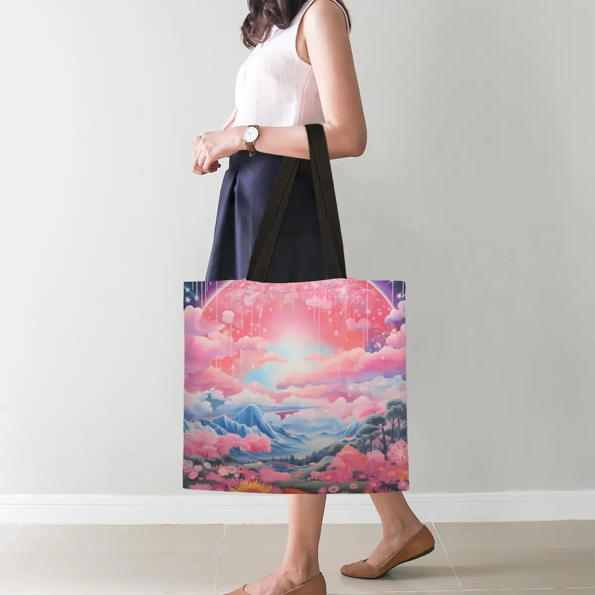 Rainbow Forest Canvas Tote Bag for Women Men Stylish Tote Handbag Shoulder Bag Reusable Grocery Bag