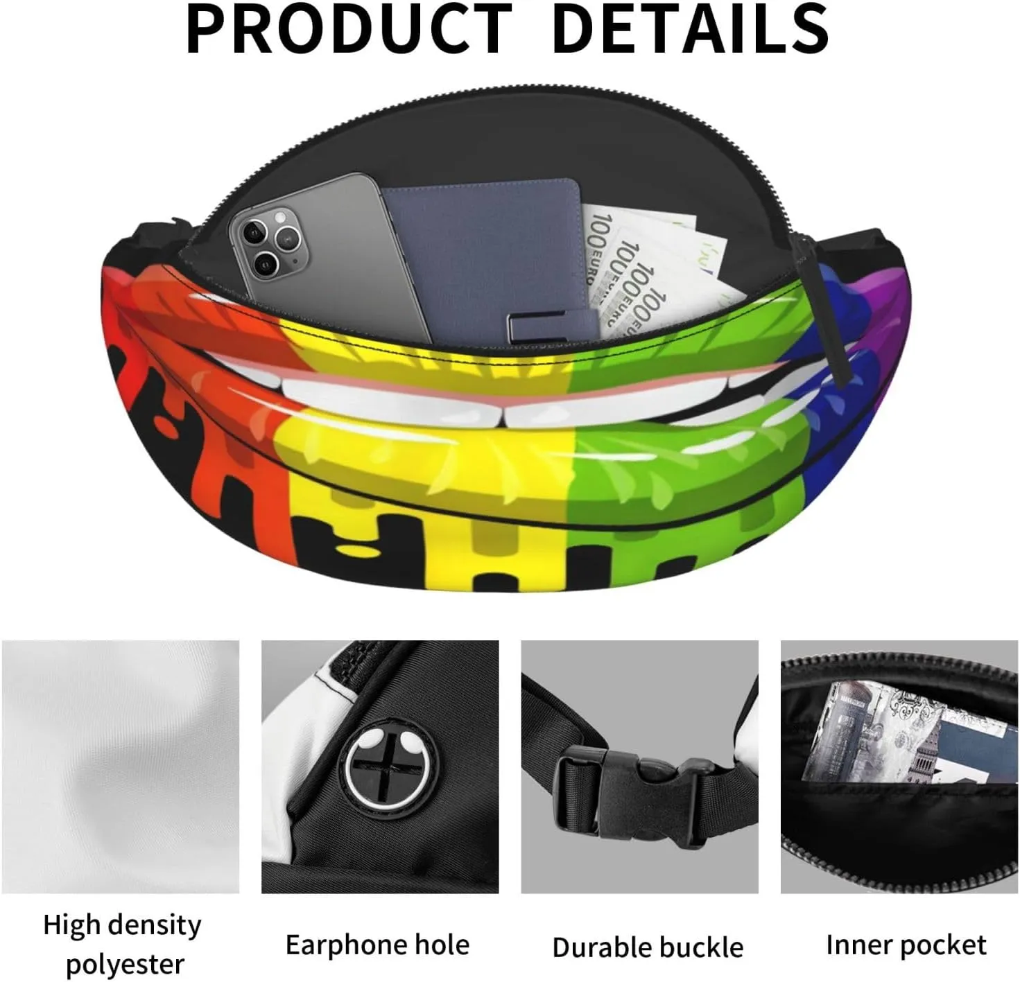 Rainbow Lipss Pride Gay Lesbian Lgbt Waist Packs Unisex Adjustable Shoulder Strap Messenger Bag Sports Travel Running Leisure Waist Bag