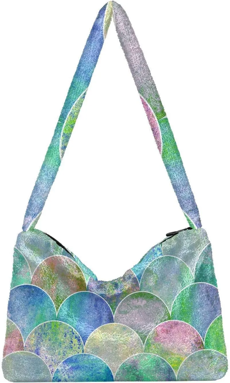 Rainbow Scale Mermaid Fish Tail Fluffy Crossbody Bag Furry Tote Bags for Women Fuzzy Purse Handbag Lady Shoulder Bag Large Plush Bag with Zipper Closure