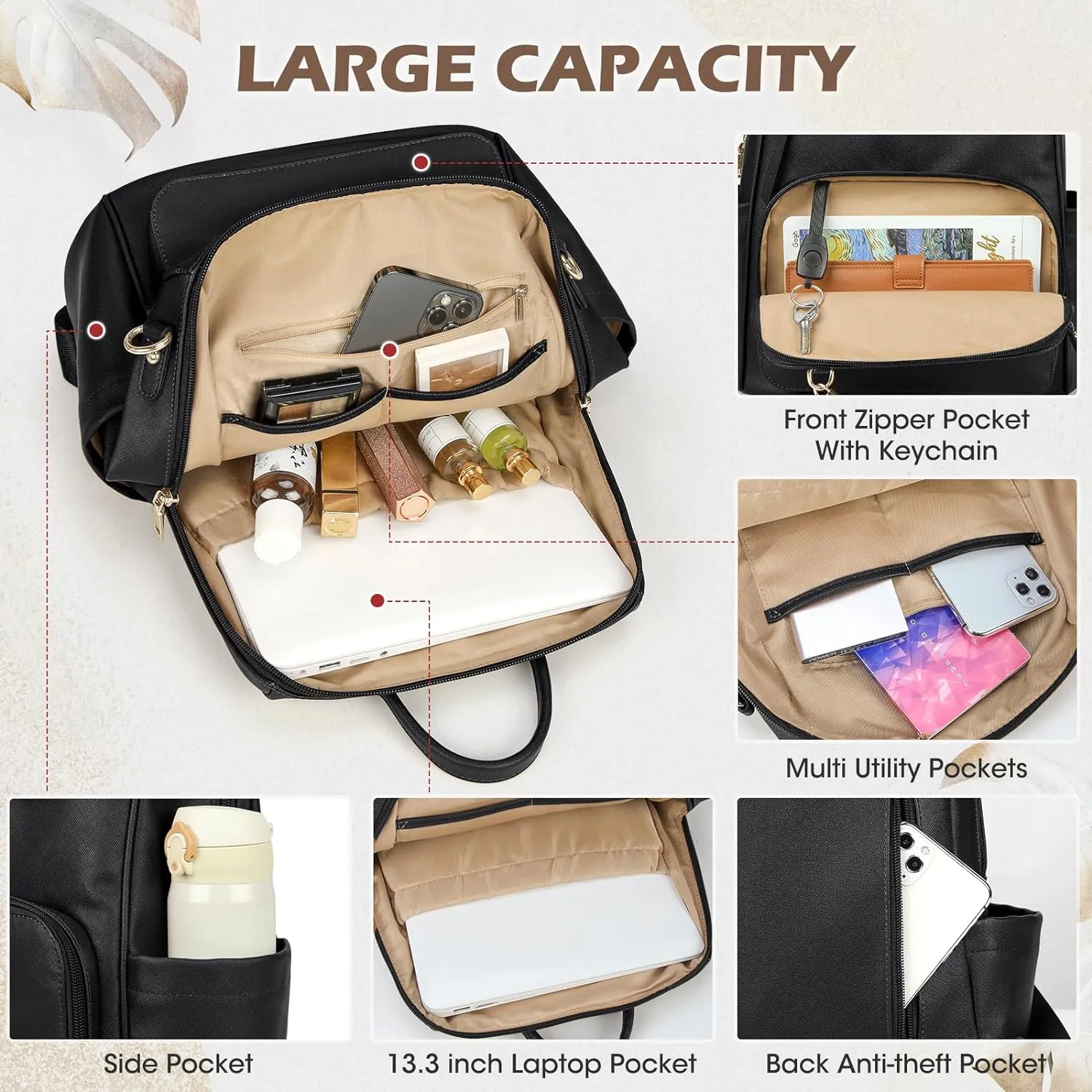 RAINSMORE Backpack Purse for Women Leather Travel Backpack Purse Waterproof Anti Theft Fashion Small Casual Mini Daypacks Purse Ladies Convertible Shoulder Bag Travel bag with Tassel, Black