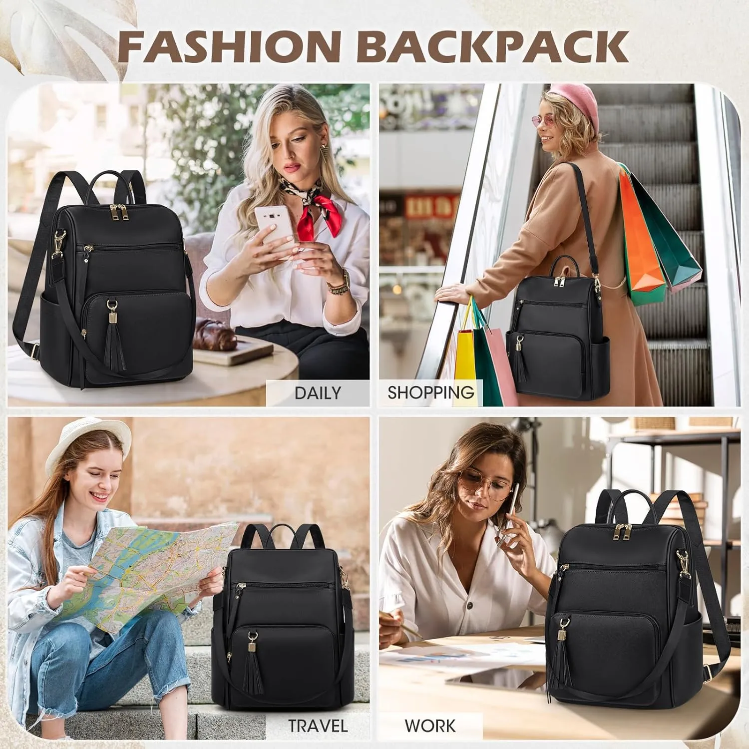 RAINSMORE Backpack Purse for Women Leather Travel Backpack Purse Waterproof Anti Theft Fashion Small Casual Mini Daypacks Purse Ladies Convertible Shoulder Bag Travel bag with Tassel, Black