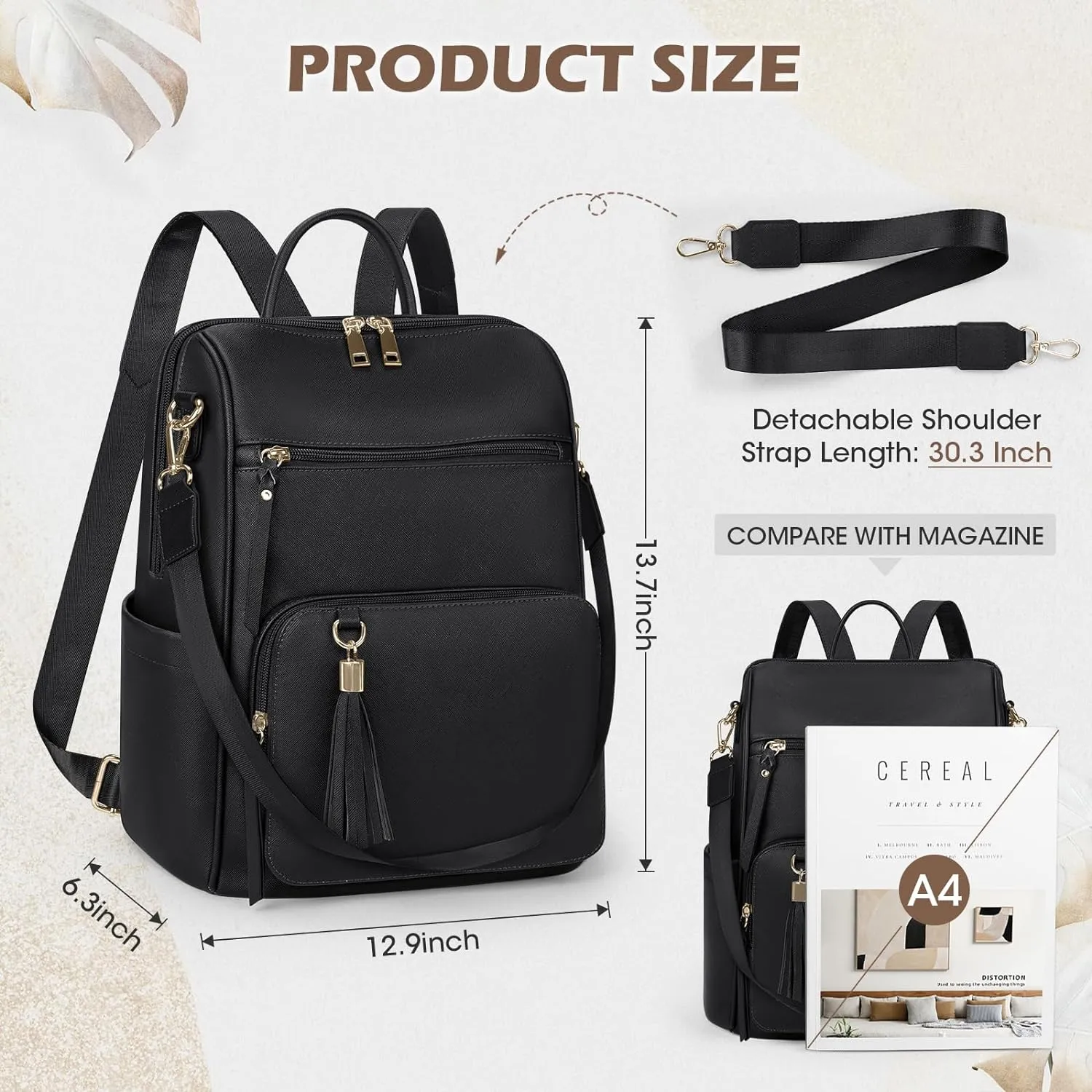RAINSMORE Backpack Purse for Women Leather Travel Backpack Purse Waterproof Anti Theft Fashion Small Casual Mini Daypacks Purse Ladies Convertible Shoulder Bag Travel bag with Tassel, Black