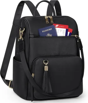 RAINSMORE Backpack Purse for Women Leather Travel Backpack Purse Waterproof Anti Theft Fashion Small Casual Mini Daypacks Purse Ladies Convertible Shoulder Bag Travel bag with Tassel, Black