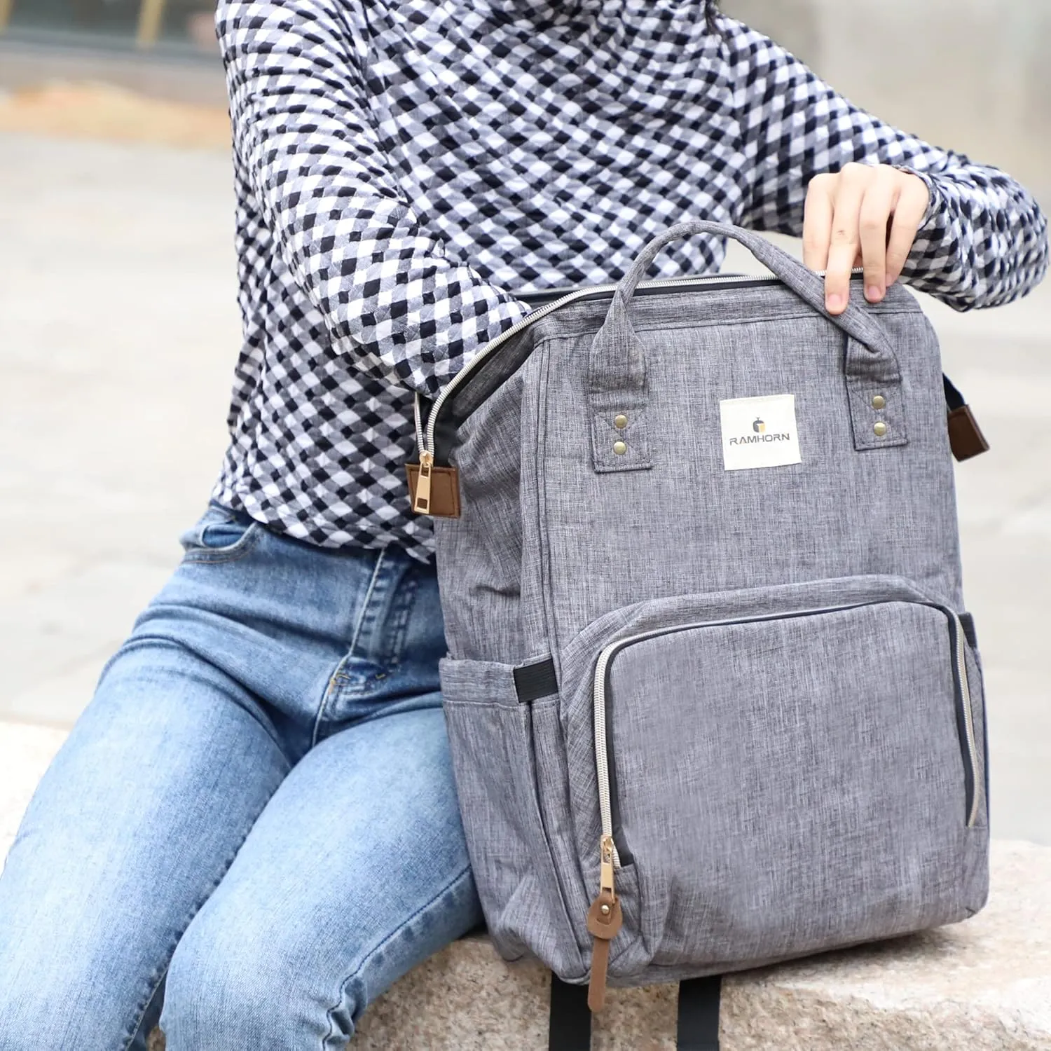 Ramhorn Diaper Bag Backpack Multifunction Waterproof Travel Back Pack for Mom Grey