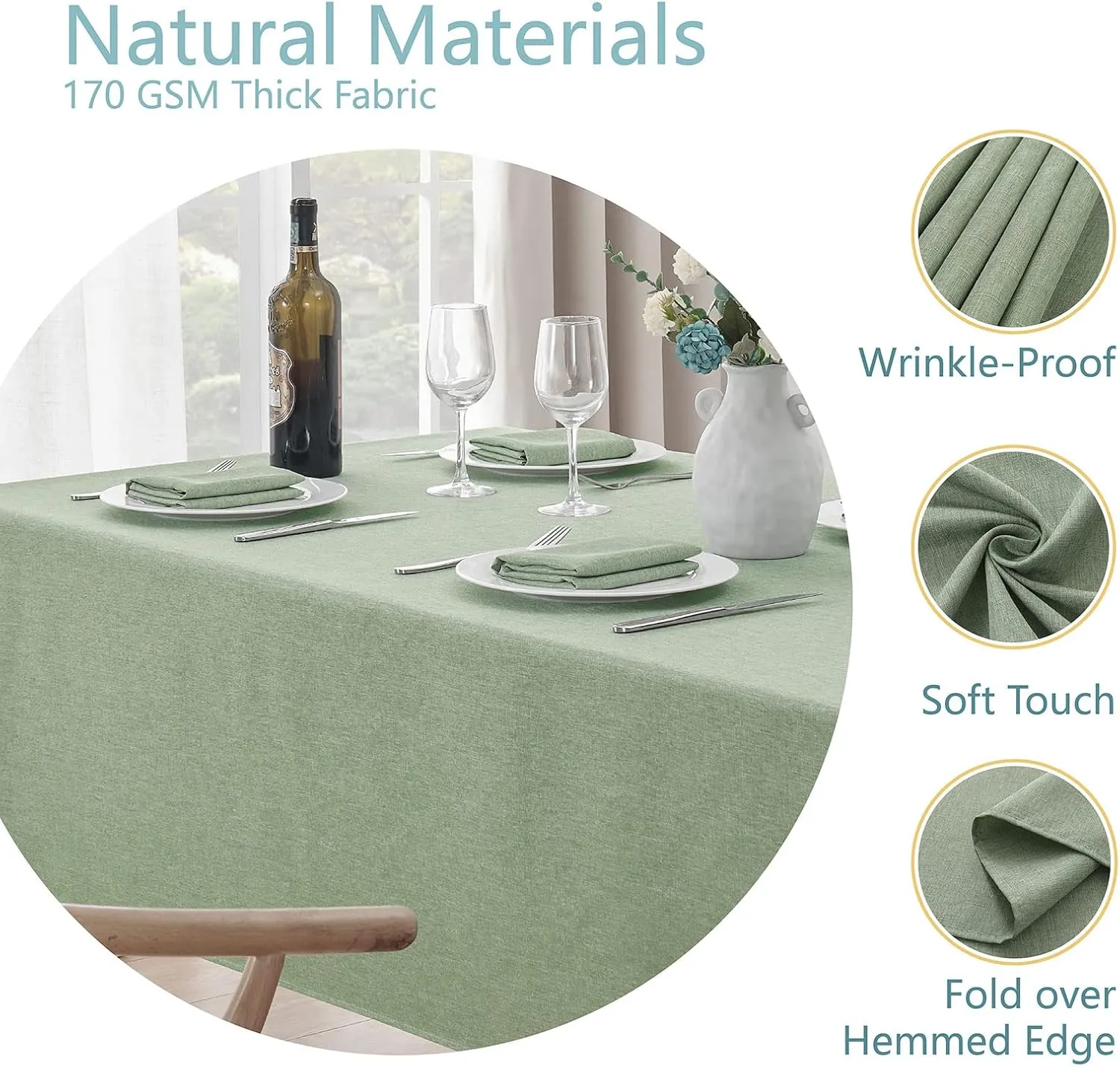 Rectangle Tablecloth Linen Textured Waterproof & Stain Resistant Table Cloth Wrinkle Free Decorative Fabric Farmhouse Table Cover for Dining/Party/Buffet/Wedding, 60 x 104 Inch, Sage Green